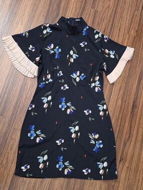 Nasty Gal Black Floral Mock-Neck Midi Dress with Pleated Cream Sleeves
